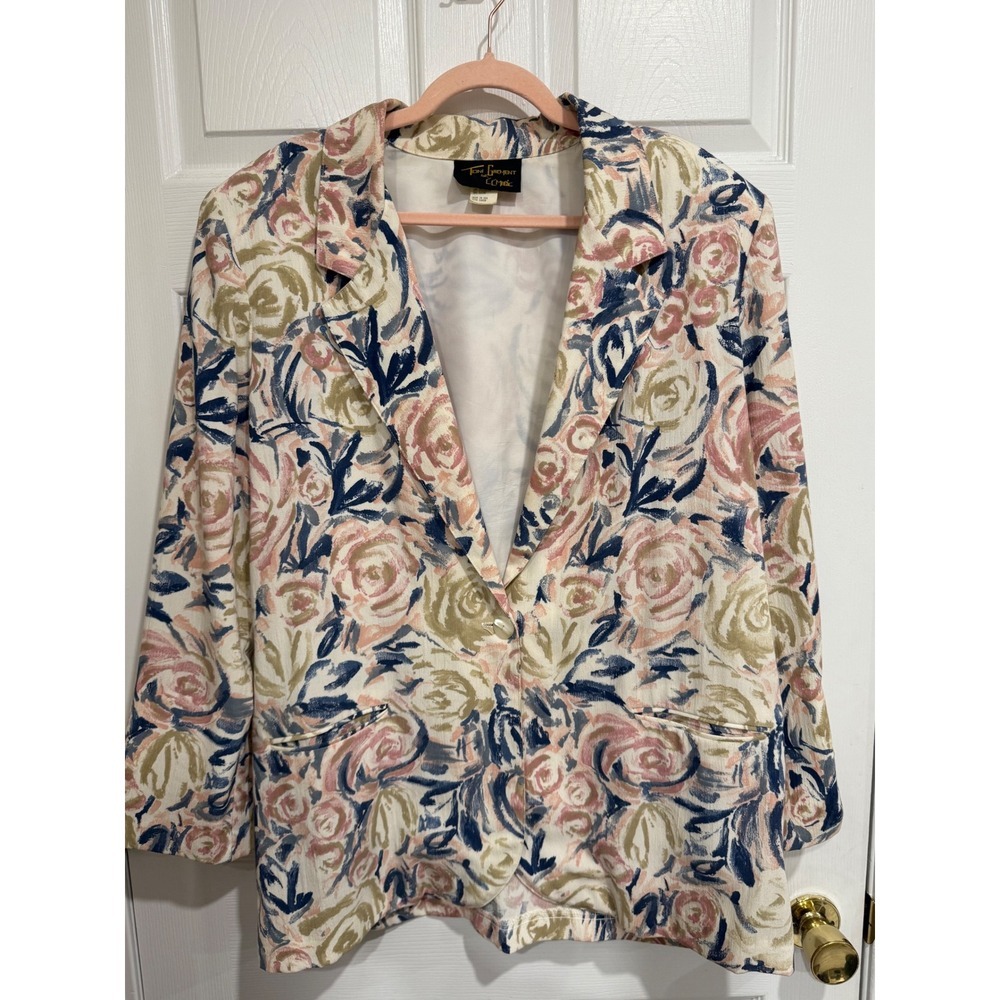 Vintage Toni Garment for CC Magic Floral Blazer Pink Blue Rose Print Large USA